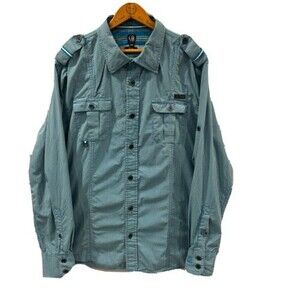 Cavi Shirt Mens 2XL XXL Long Sleeve Front Pockets Shoulder Buttons Aqua Check